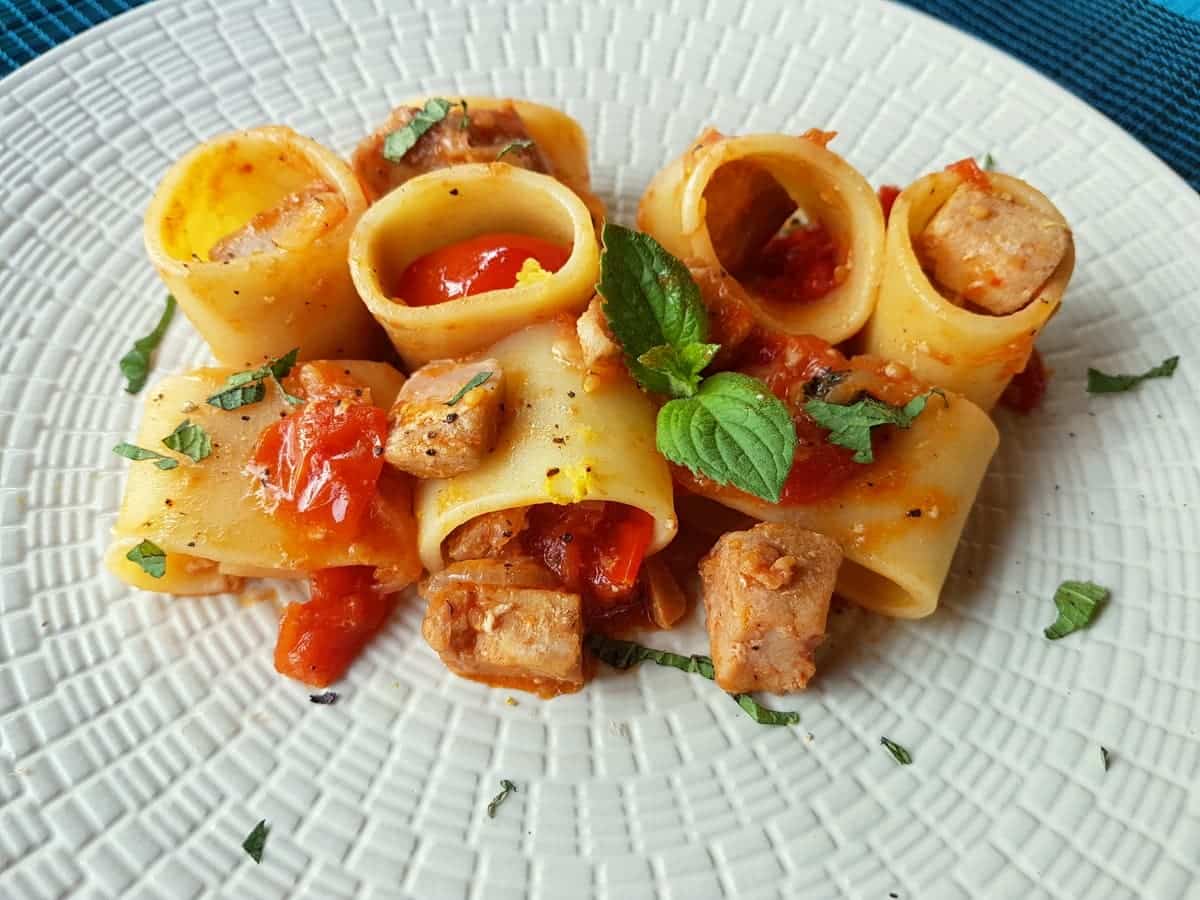 Paccheri with fresh tuna ragu, seafood pasta recipe from Sicily.